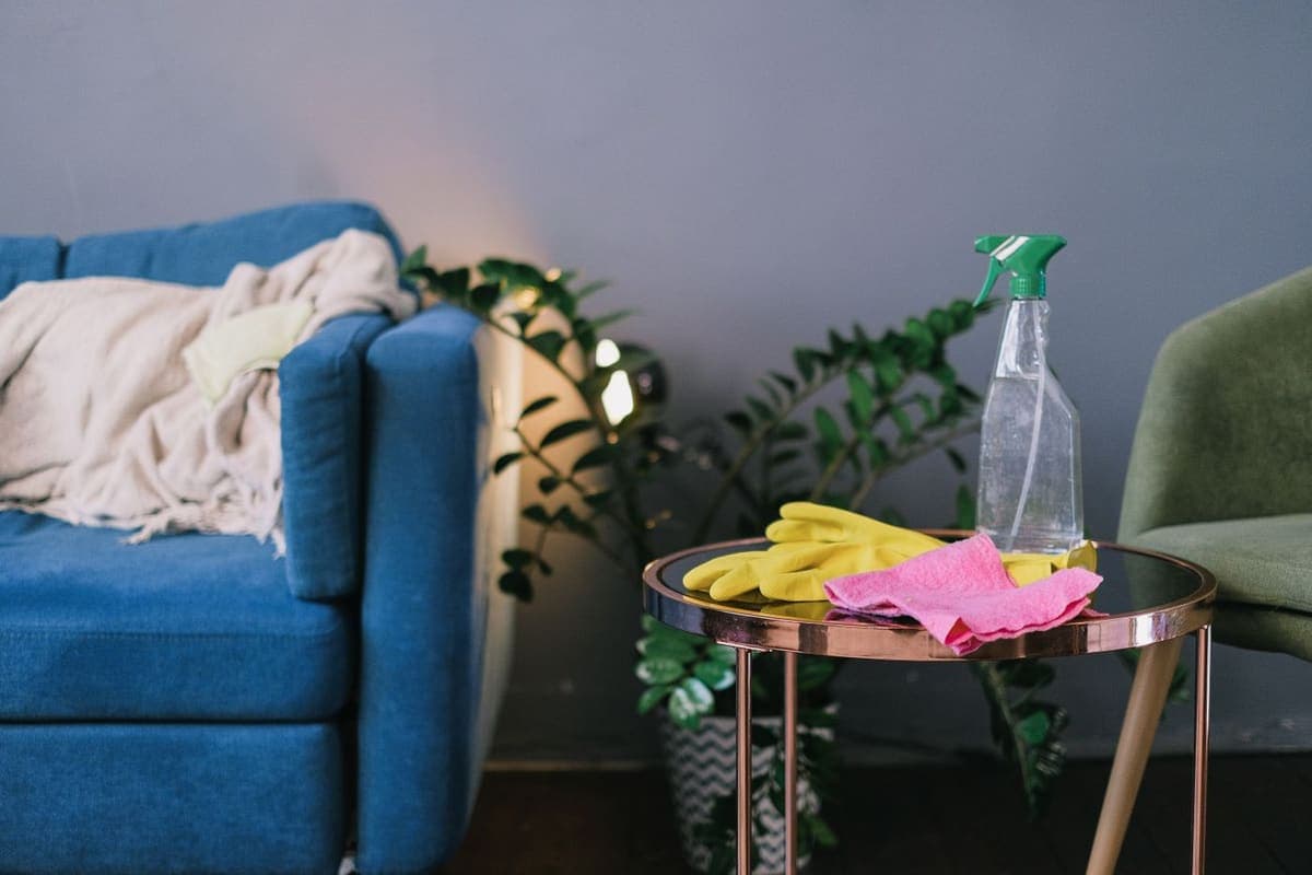 Gants et vaporisateur posés sur une table basse de salon