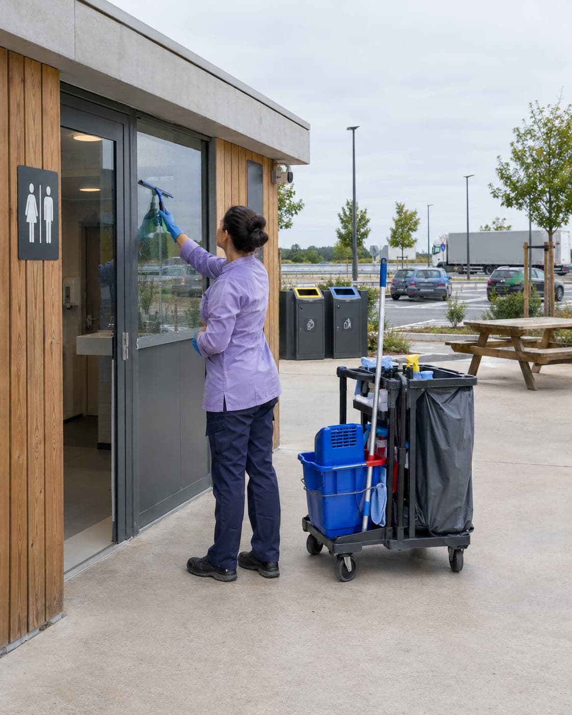 Agent d'entretien lavant la vitre du bloc sanitaire d'une aire de repos d'autoroute